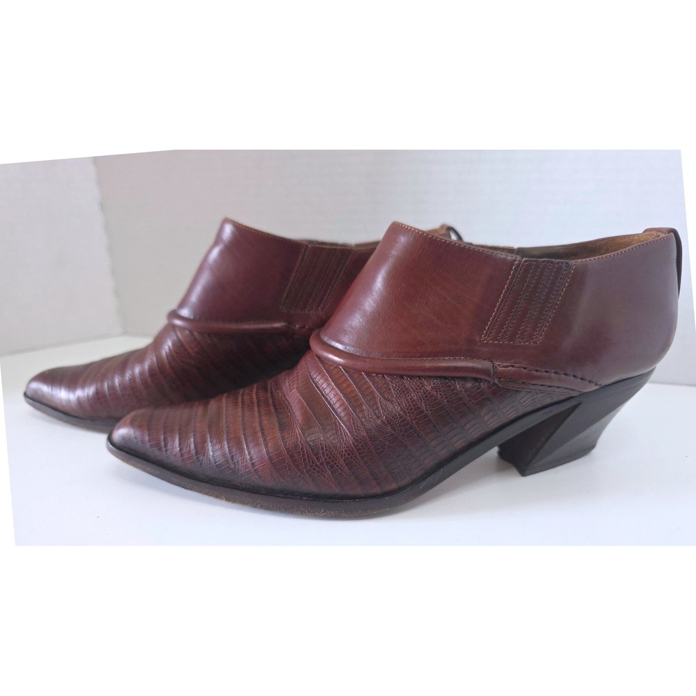 Via Spiga Brown Leather Lizard Embossed Pointed Toe Cone Heel Ankle Boots 8 B